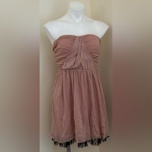 HOT TOPIC Strapless Mauve Pink Sheer Black Lace Drap Sweet Heart Mini Dress Sz L